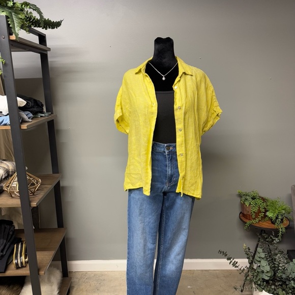 Rachel Roy yellow linen button down short sleeve shirt womens small summer - Picture 2 of 8